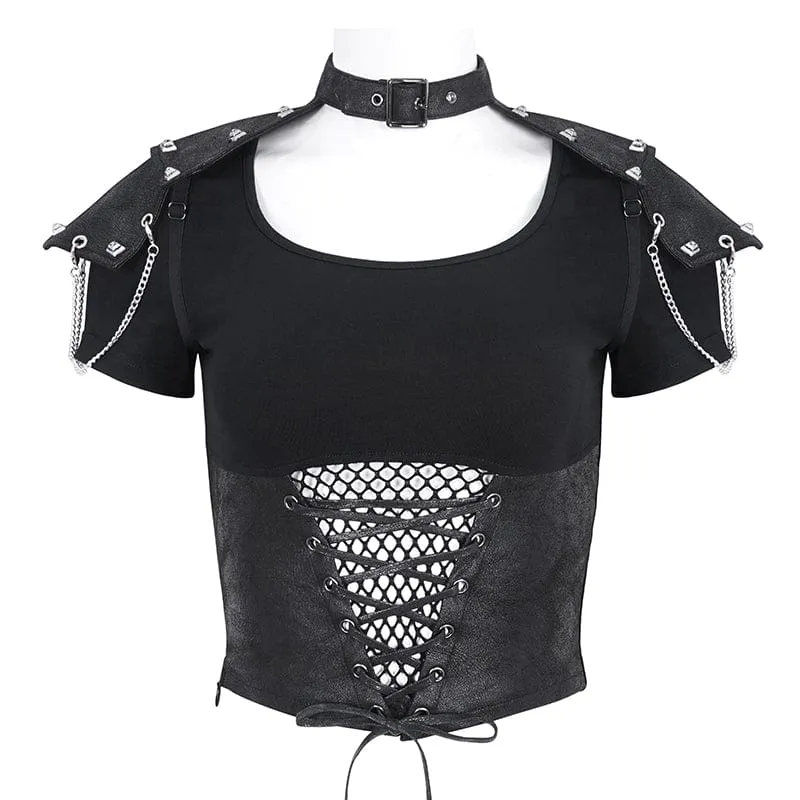 Kurzärmliges Crop-Top aus Netzstoff mit Punk-Ausschnitt für Damen