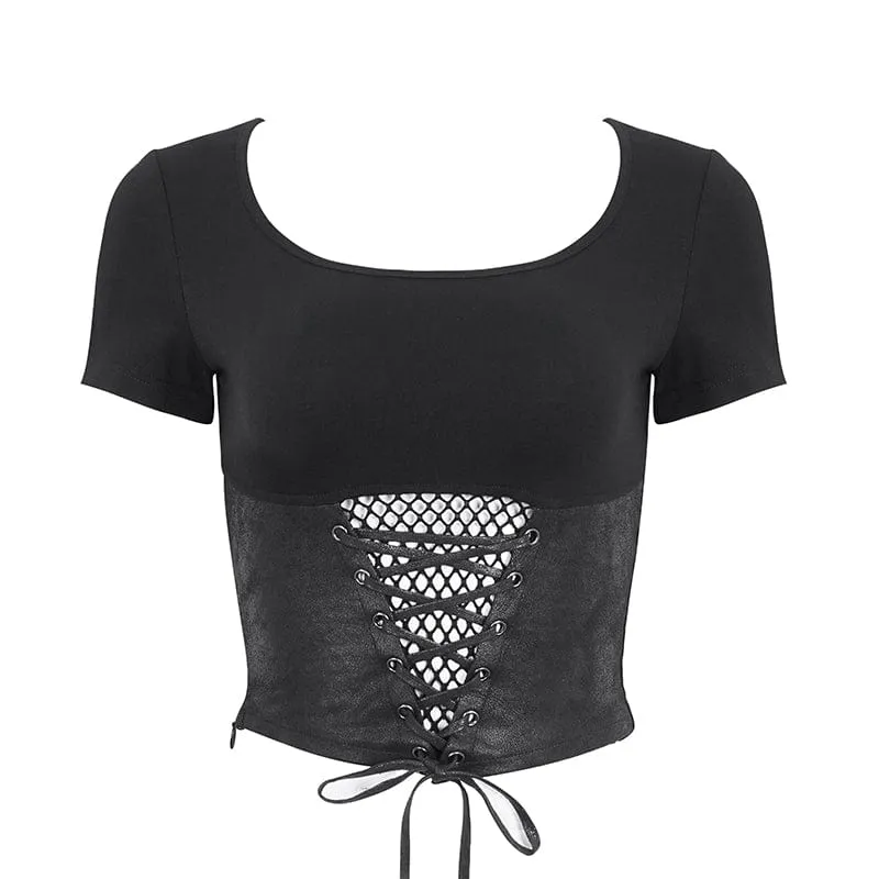 Kurzärmliges Crop-Top aus Netzstoff mit Punk-Ausschnitt für Damen