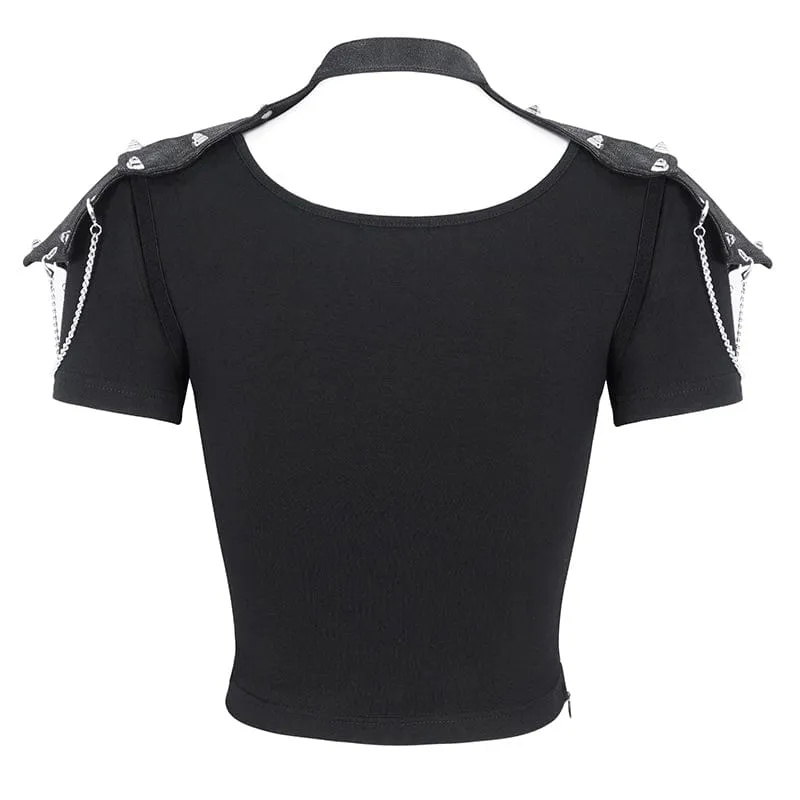 Kurzärmliges Crop-Top aus Netzstoff mit Punk-Ausschnitt für Damen