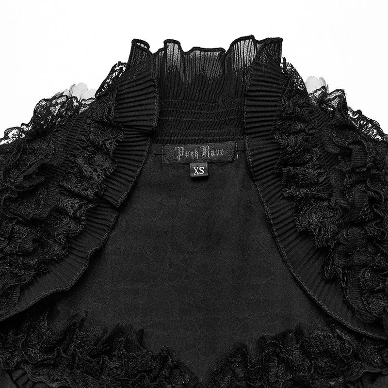 Damen-Gothic-Hemd mit gerüschten Spaghettiträgern und Spitze in langen Tönen und Hornärmeln