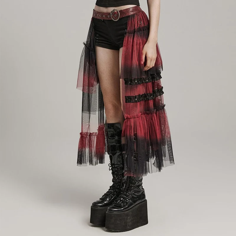 Langer Überrock aus Netzstoff mit Gothic-Schnalle und Rüschen in Schwarz-Rot für Damen