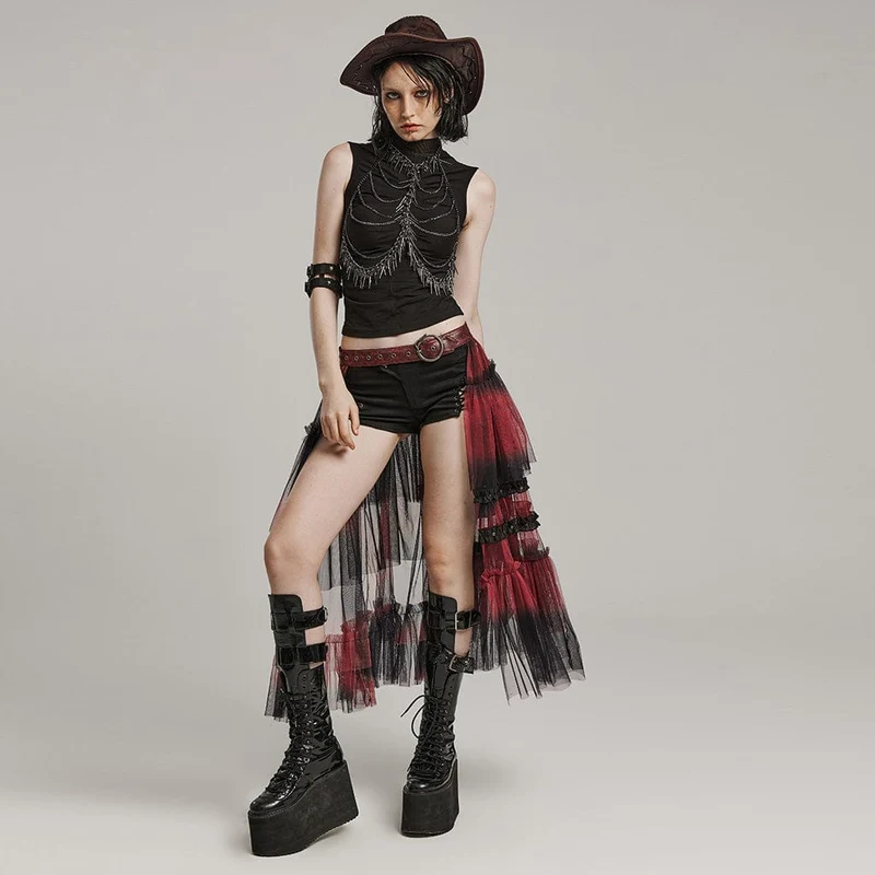 Langer Überrock aus Netzstoff mit Gothic-Schnalle und Rüschen in Schwarz-Rot für Damen