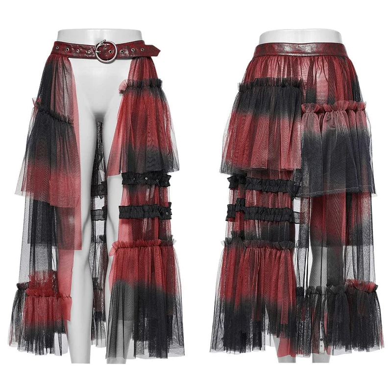 Langer Überrock aus Netzstoff mit Gothic-Schnalle und Rüschen in Schwarz-Rot für Damen