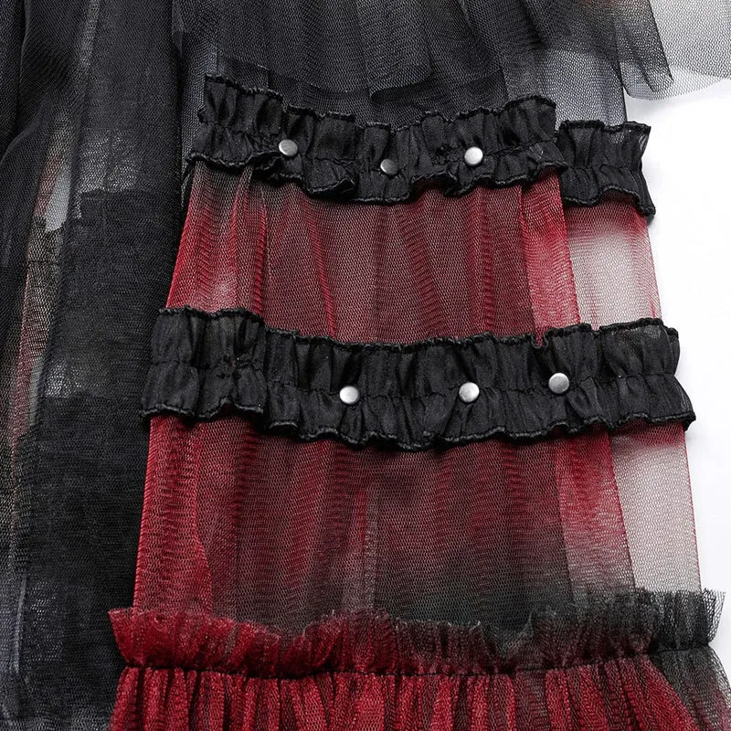 Langer Überrock aus Netzstoff mit Gothic-Schnalle und Rüschen in Schwarz-Rot für Damen
