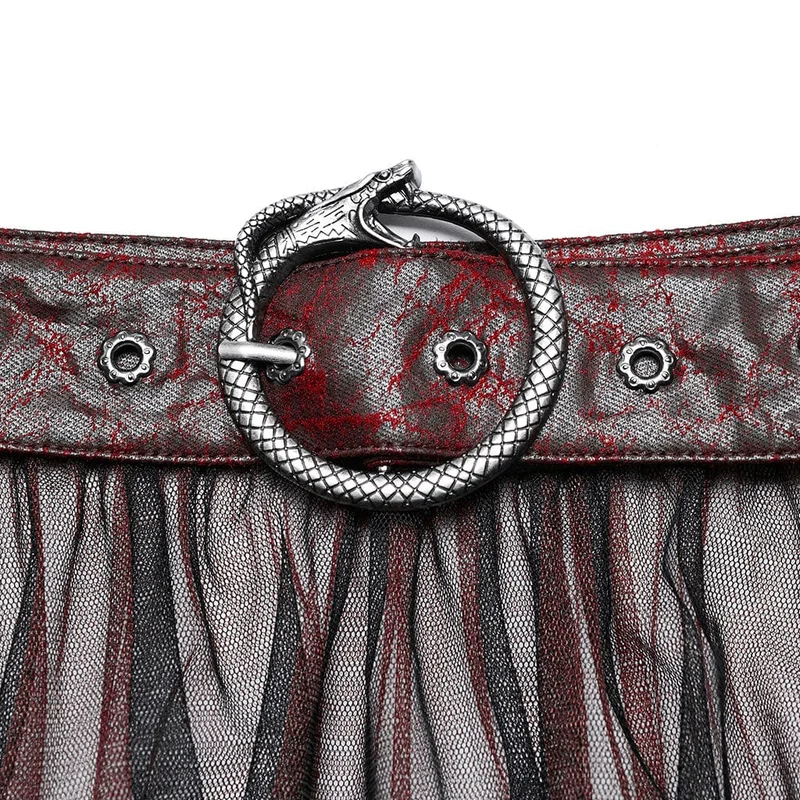 Langer Überrock aus Netzstoff mit Gothic-Schnalle und Rüschen in Schwarz-Rot für Damen