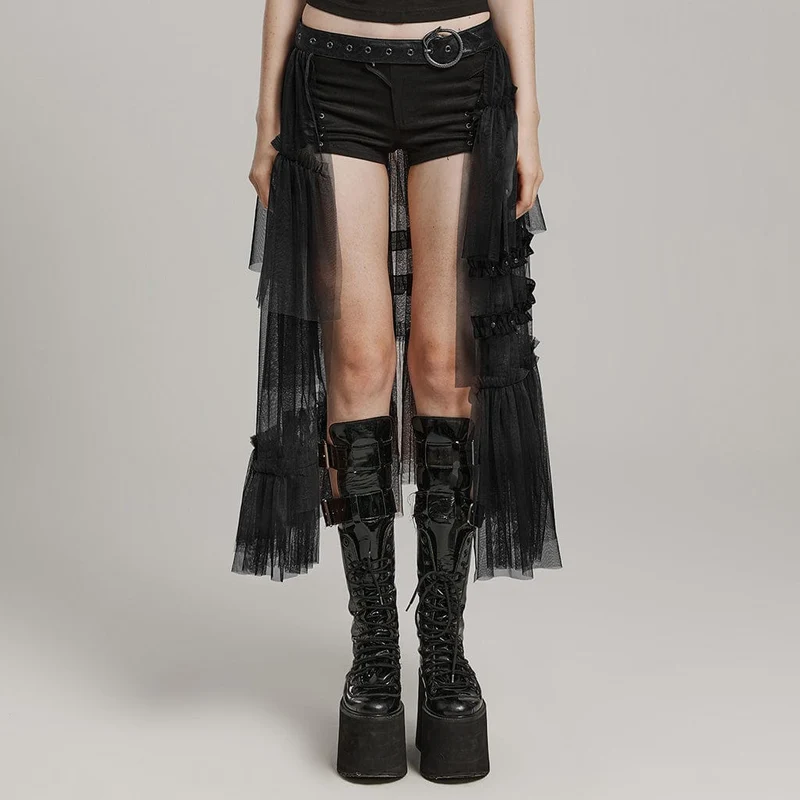 Langer Gothic-Überrock aus Netzstoff mit Schnalle und Rüschen für Damen in Schwarz