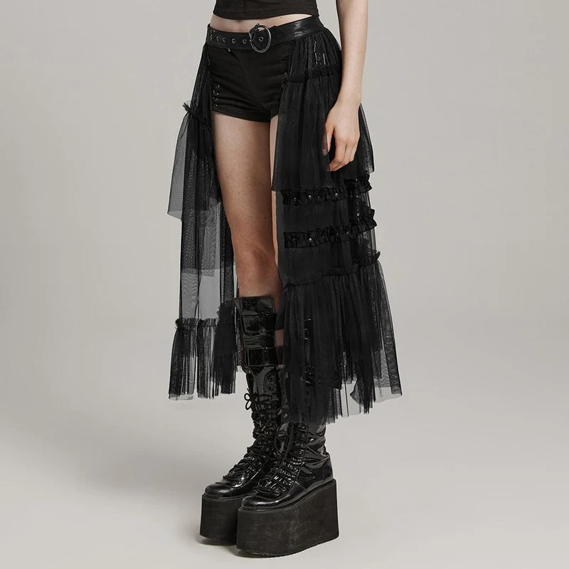 Langer Gothic-Überrock aus Netzstoff mit Schnalle und Rüschen für Damen in Schwarz