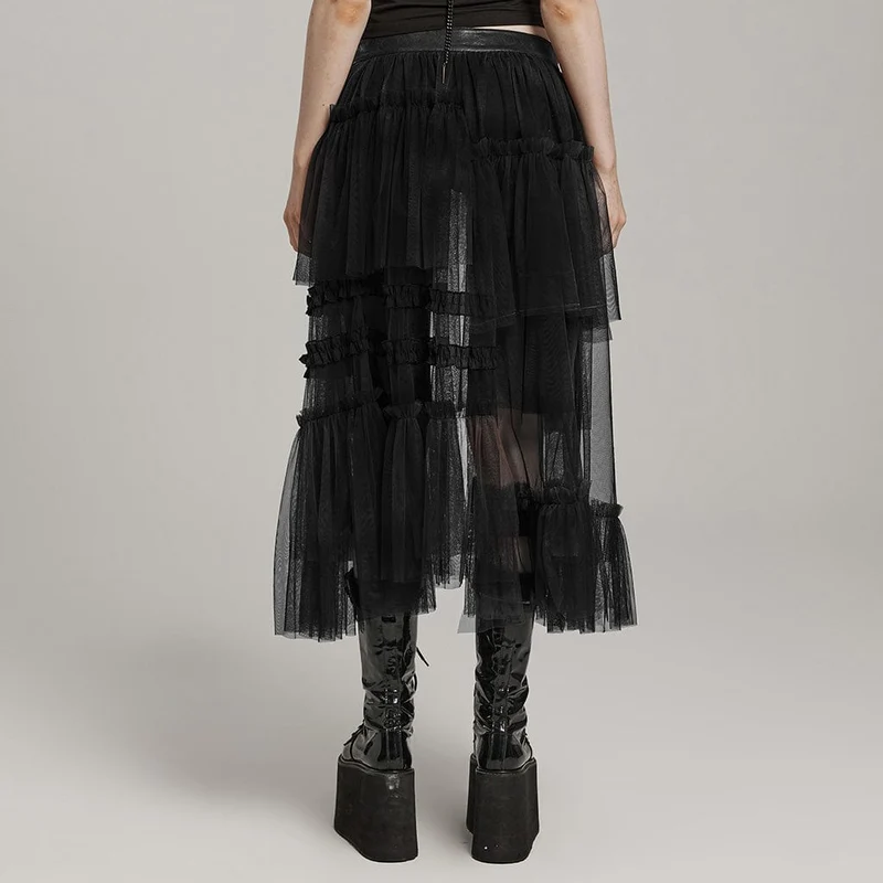 Langer Gothic-Überrock aus Netzstoff mit Schnalle und Rüschen für Damen in Schwarz