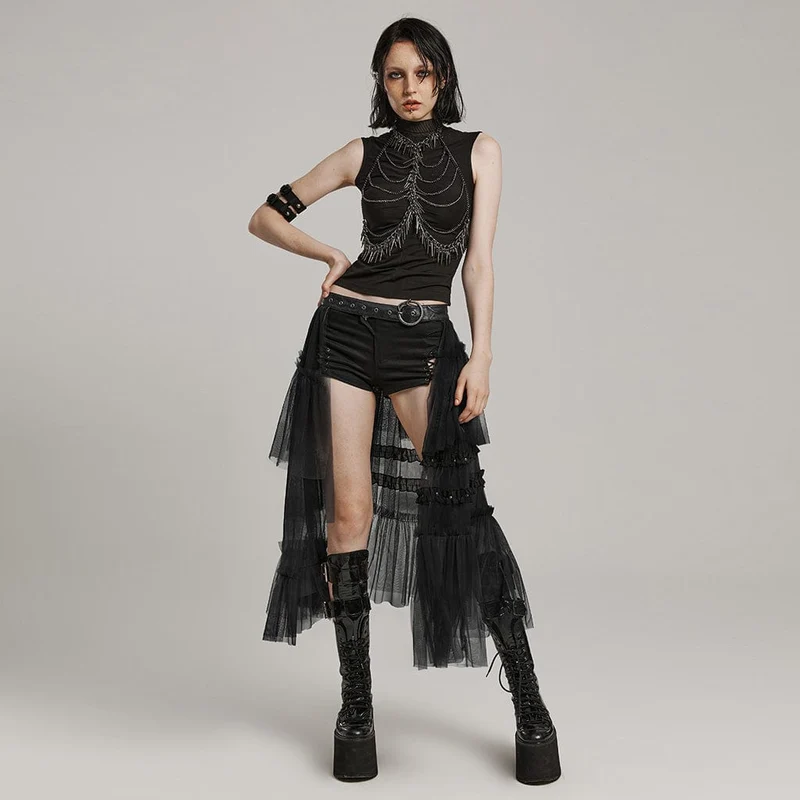 Langer Gothic-Überrock aus Netzstoff mit Schnalle und Rüschen für Damen in Schwarz
