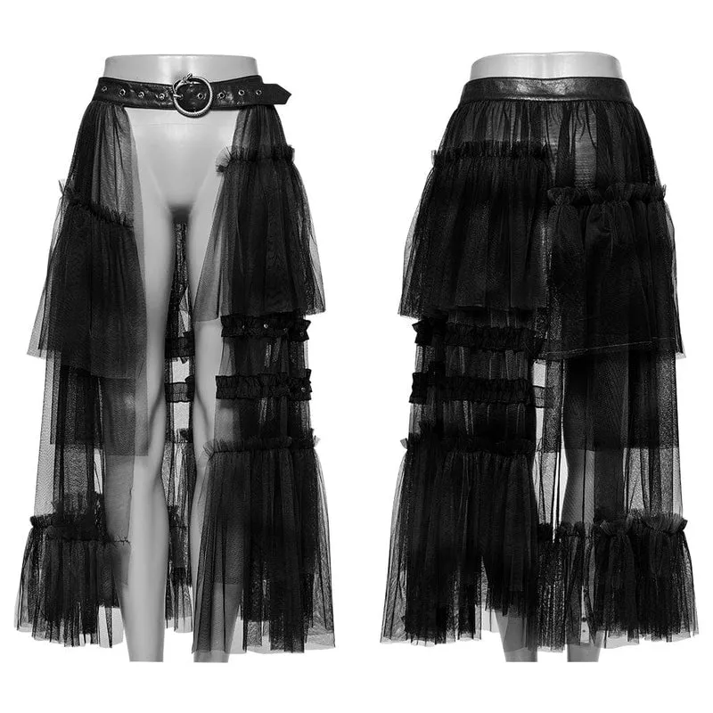 Langer Gothic-Überrock aus Netzstoff mit Schnalle und Rüschen für Damen in Schwarz