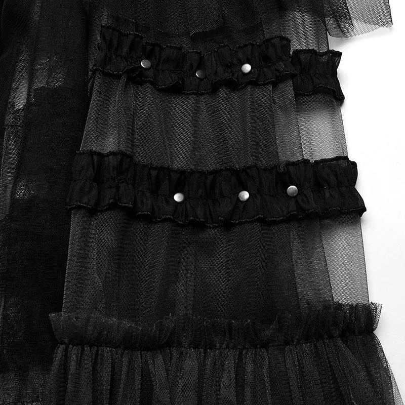 Langer Gothic-Überrock aus Netzstoff mit Schnalle und Rüschen für Damen in Schwarz