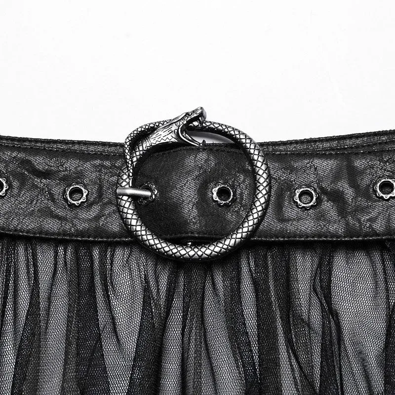 Langer Gothic-Überrock aus Netzstoff mit Schnalle und Rüschen für Damen in Schwarz