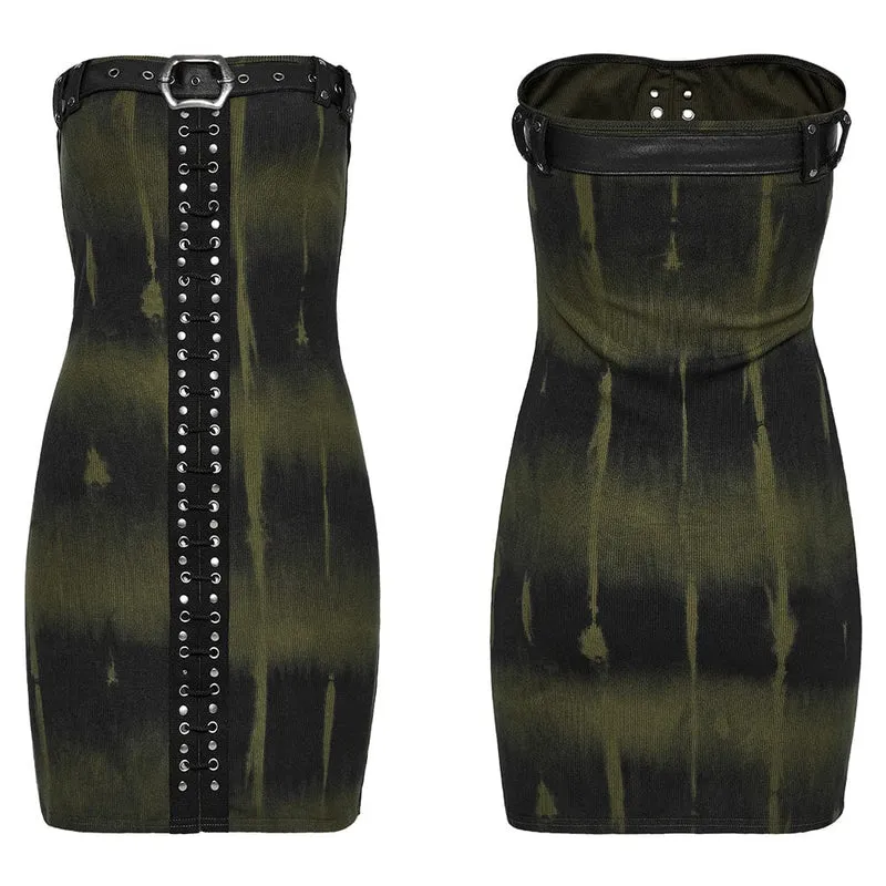 Schulterfreies Kleid mit Punk-Schnalle und Ösen für Damen in Schwarz-Grün
