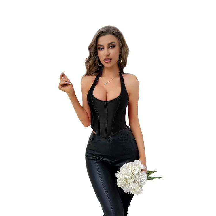 Einfarbiges Neckholder-Vollbrustkorsett für Damen im Gothic-Stil