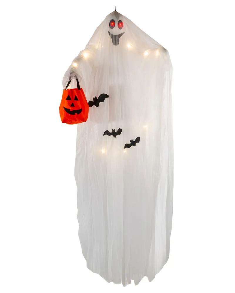 Freundliches Gespenst Hängefigur mit LED & Kürbistasche 177cm