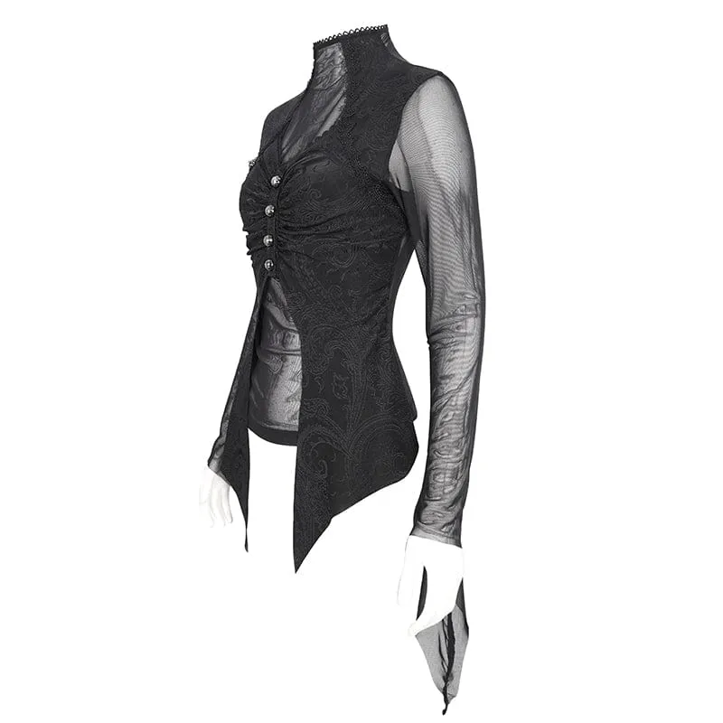 Damen-Langarmshirt aus Gothic-Jacquard-Mesh mit Rüschen