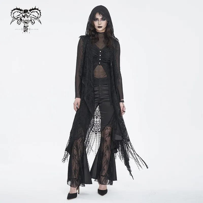 Damen-Cape im Gothic-Stil, Spitze, Netzstoff, hinten, geblümt, gehäkelt, mit Kapuze