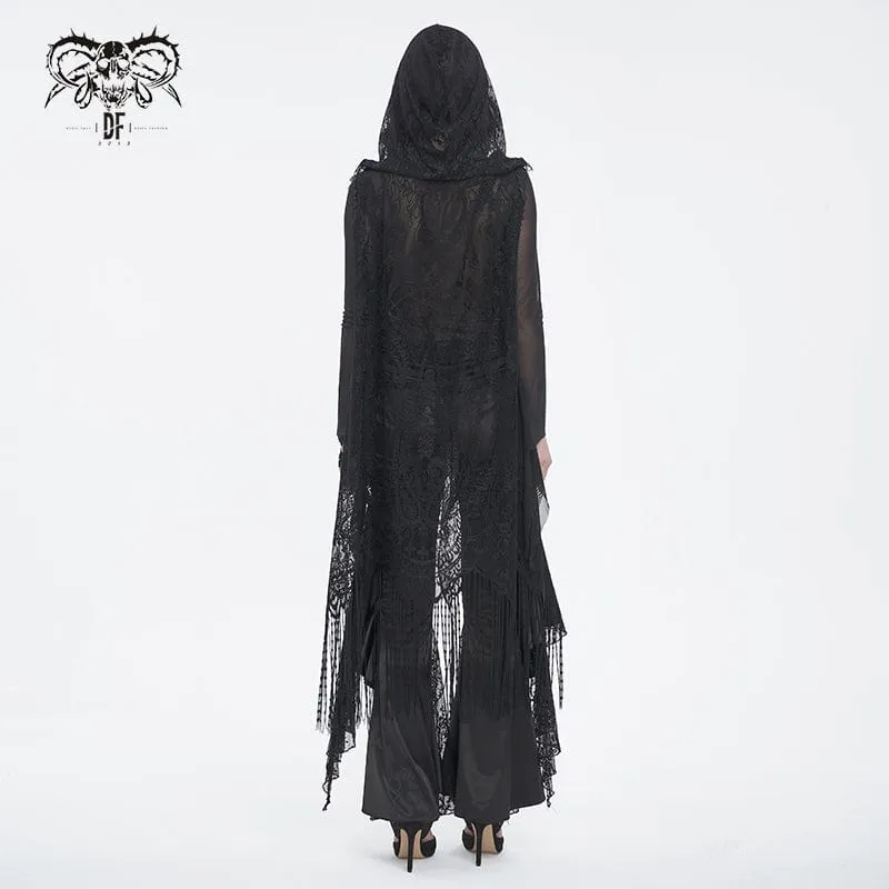 Damen-Cape im Gothic-Stil, Spitze, Netzstoff, hinten, geblümt, gehäkelt, mit Kapuze