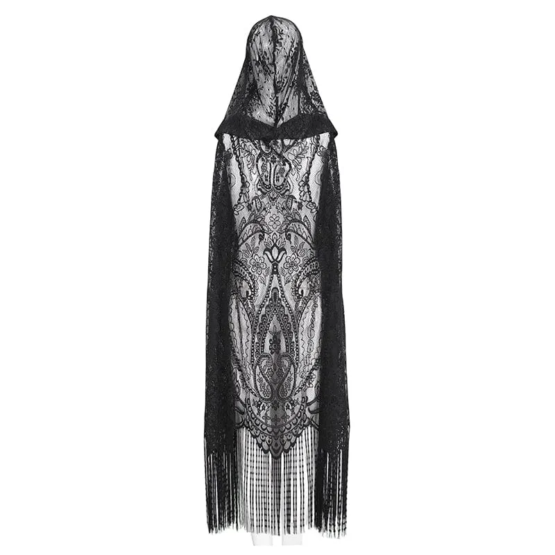 Damen-Cape im Gothic-Stil, Spitze, Netzstoff, hinten, geblümt, gehäkelt, mit Kapuze