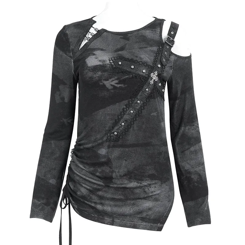 Damen-Punk-Batik-Langarmshirt mit Ausschnitten