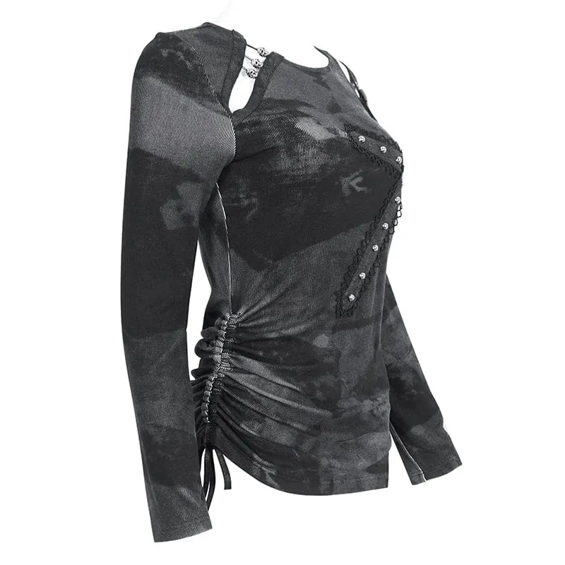 Damen-Punk-Batik-Langarmshirt mit Ausschnitten