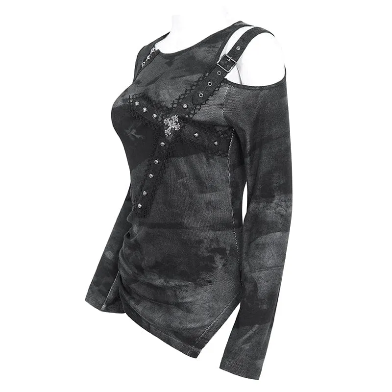 Damen-Punk-Batik-Langarmshirt mit Ausschnitten