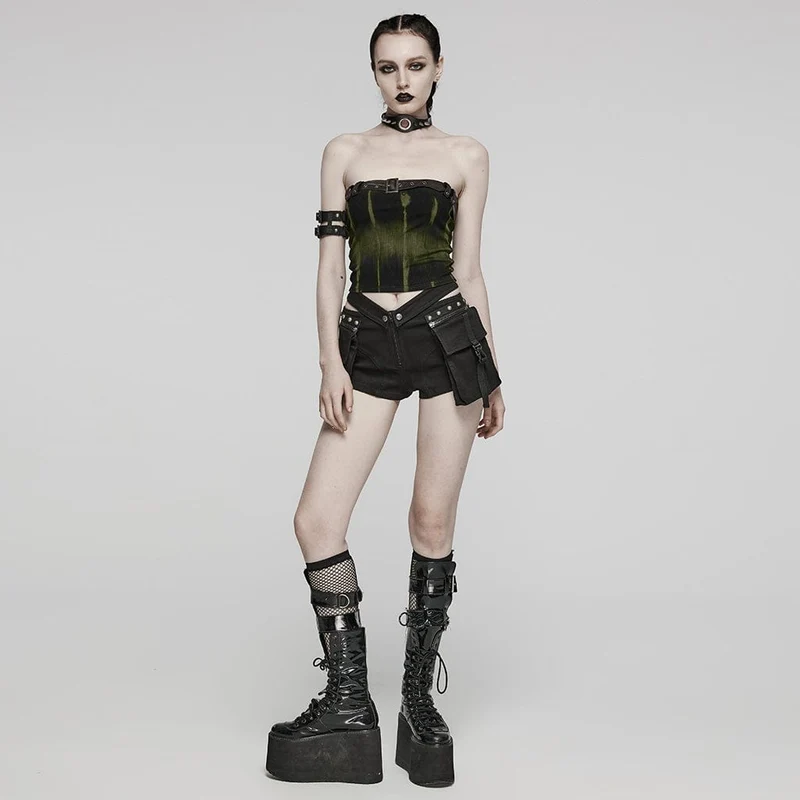 Damen Punk Buckle Eyelet Bustier Schwarz-Grün