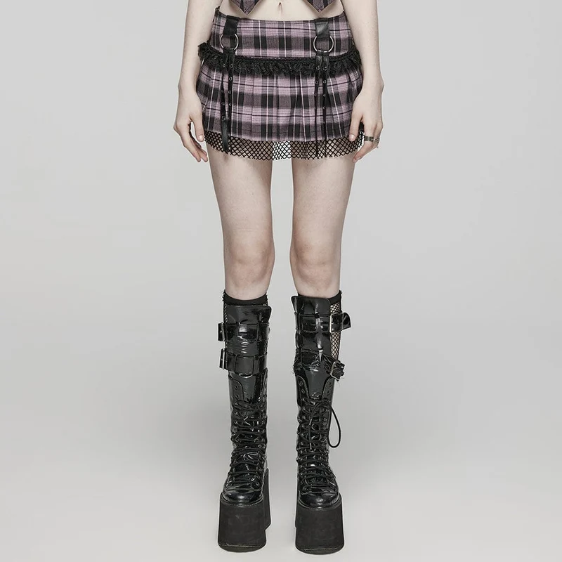 Damen Grunge Plaid Öse Mesh Ring Faltenrock Rosa