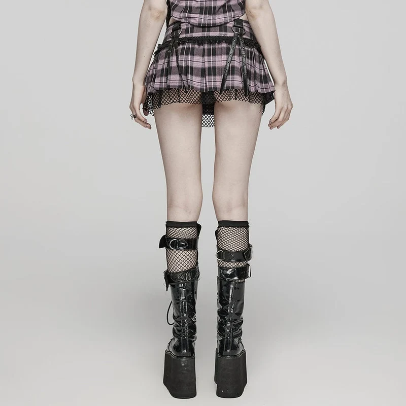 Damen Grunge Plaid Öse Mesh Ring Faltenrock Rosa