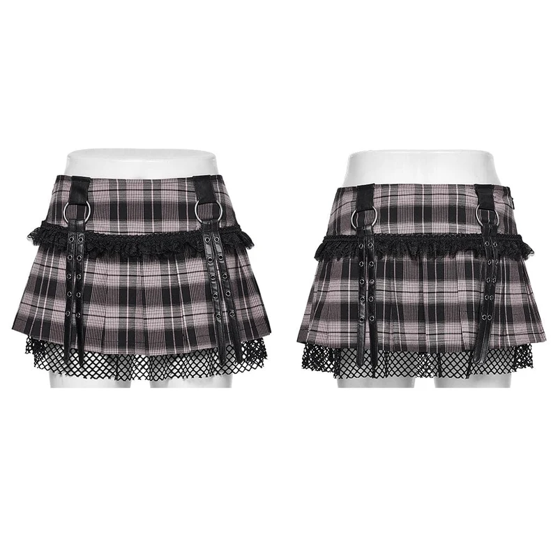 Damen Grunge Plaid Öse Mesh Ring Faltenrock Rosa