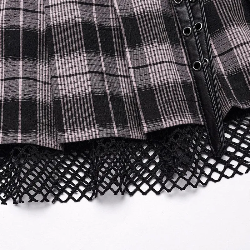 Damen Grunge Plaid Öse Mesh Ring Faltenrock Rosa