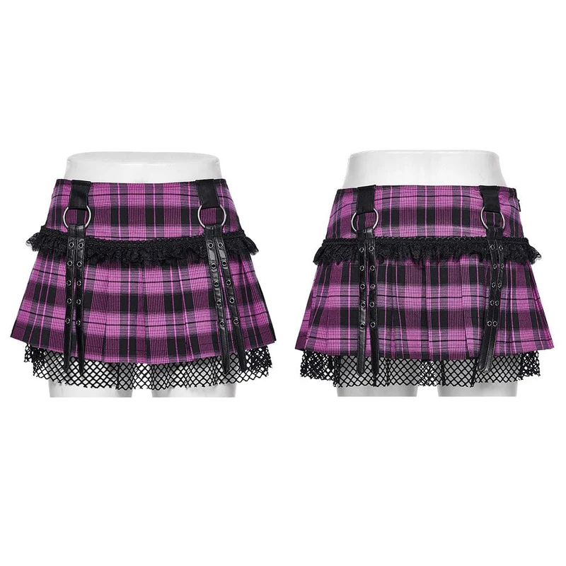 Damen-Faltenrock mit Grunge-Karomuster, Ösen und Netzring, Violett