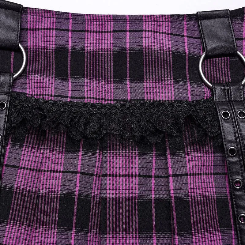 Damen-Faltenrock mit Grunge-Karomuster, Ösen und Netzring, Violett
