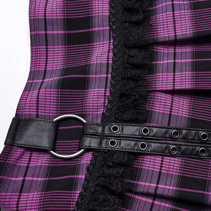 Damen-Faltenrock mit Grunge-Karomuster, Ösen und Netzring, Violett
