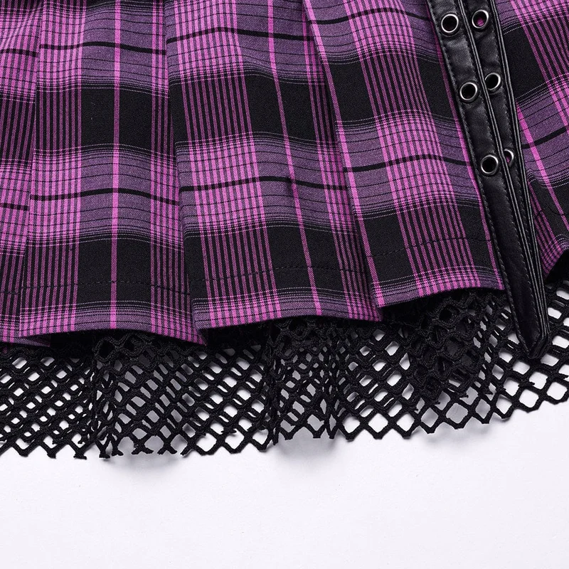 Damen-Faltenrock mit Grunge-Karomuster, Ösen und Netzring, Violett