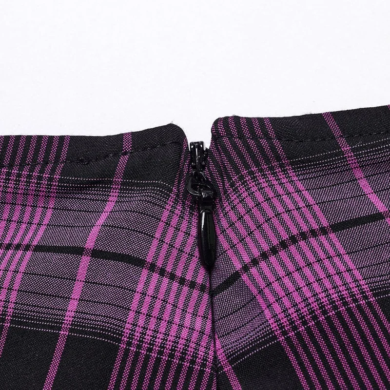 Damen-Faltenrock mit Grunge-Karomuster, Ösen und Netzring, Violett
