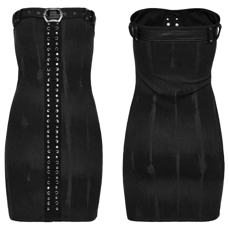 Schulterfreies Kleid mit Punk-Schnalle und Ösen für Damen in Schwarz