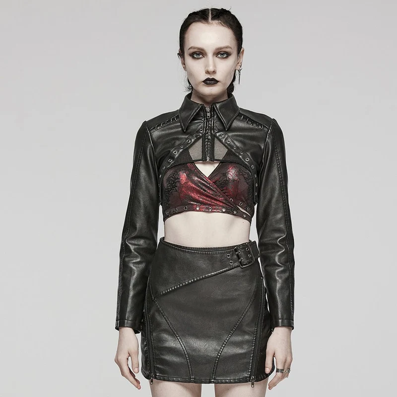 Damen-Kurzjacke aus Punk-Ösen-Mesh-Kunstleder