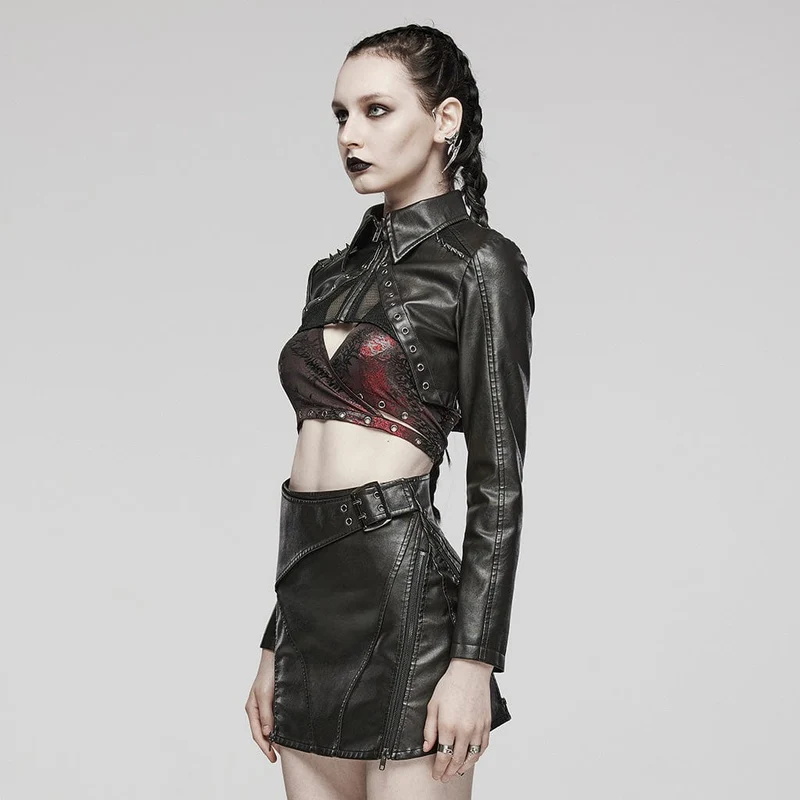 Damen-Kurzjacke aus Punk-Ösen-Mesh-Kunstleder