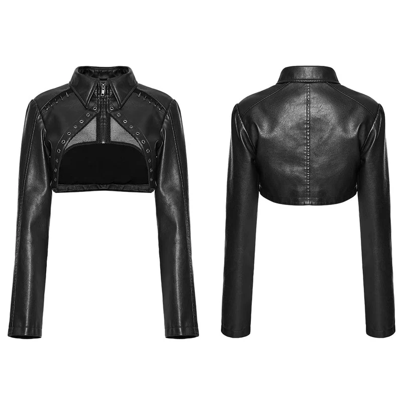 Damen-Kurzjacke aus Punk-Ösen-Mesh-Kunstleder