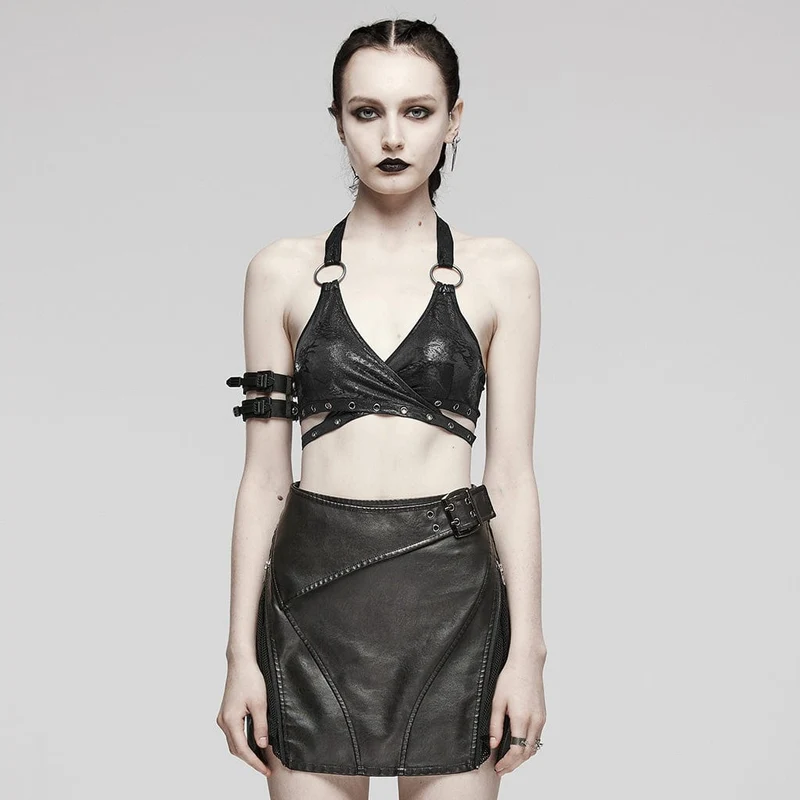 Damen Punk Ring Öse Neckholder Bustier Schwarz
