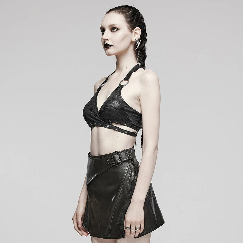 Damen Punk Ring Öse Neckholder Bustier Schwarz