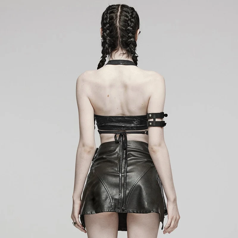 Damen Punk Ring Öse Neckholder Bustier Schwarz