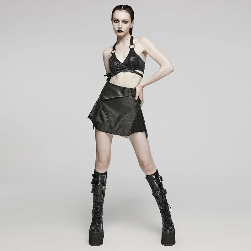 Damen Punk Ring Öse Neckholder Bustier Schwarz