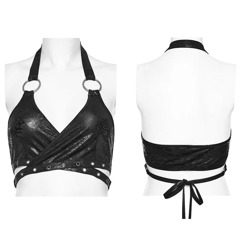 Damen Punk Ring Öse Neckholder Bustier Schwarz