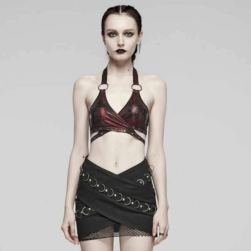 Damen Punk Ring Öse Neckholder Bustier Kastanienbraun