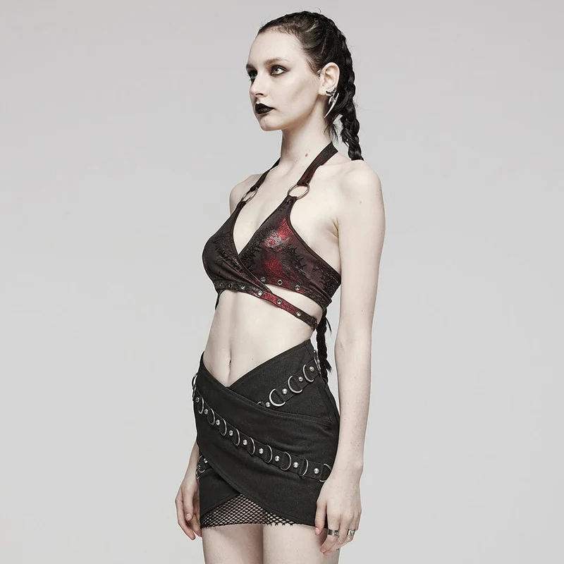 Damen Punk Ring Öse Neckholder Bustier Kastanienbraun