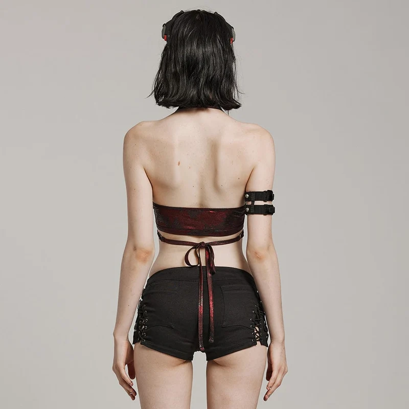Damen Punk Ring Öse Neckholder Bustier Kastanienbraun