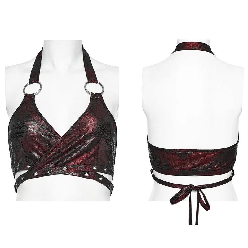 Damen Punk Ring Öse Neckholder Bustier Kastanienbraun
