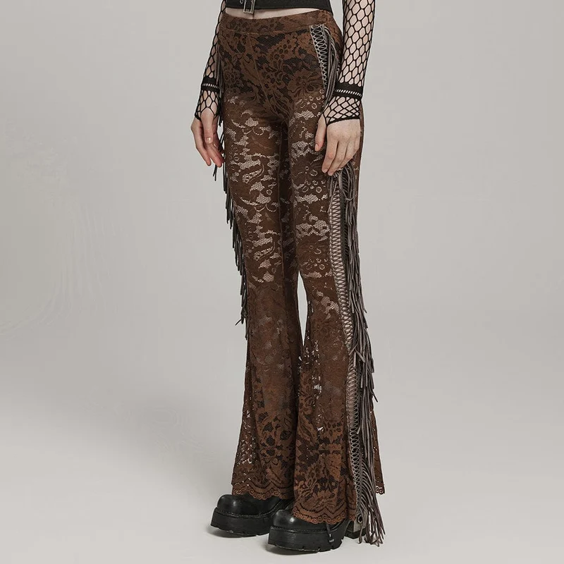 Damen Gothic Spitze Quasten Schlaghose Kaffee